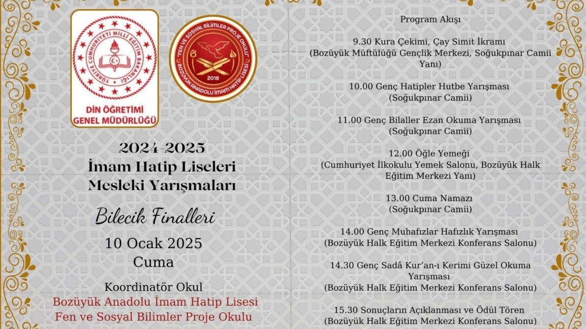 İMAM HATİP LİSELERİ MESLEKİ YARIŞMALARI BİLECİK İL FİNALLERİ OKULUMUZ KOORDİNATÖRLÜĞÜNDE DÜZENLENDİ